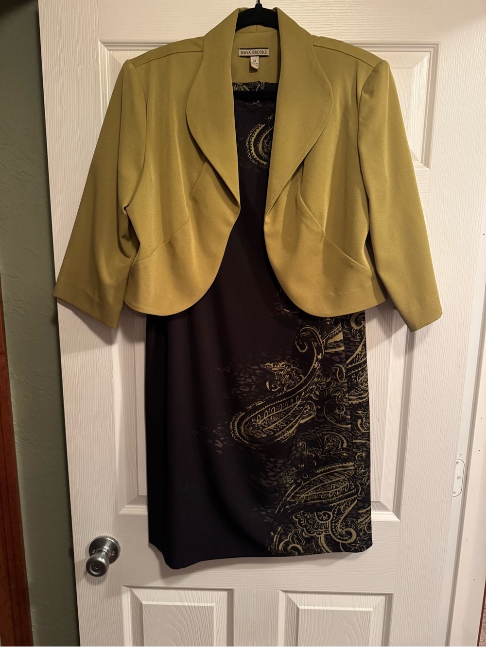 Maya Brooke 2pc Sz 14 Olive Green Cropped Jacket and Black/Olive Pattern dress